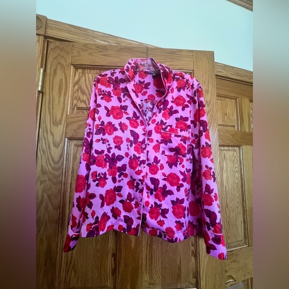 LOFT - Button Down Elastic Floral Pink and Red Satin Notch Collar Pajama Set - Picture 6 of 11